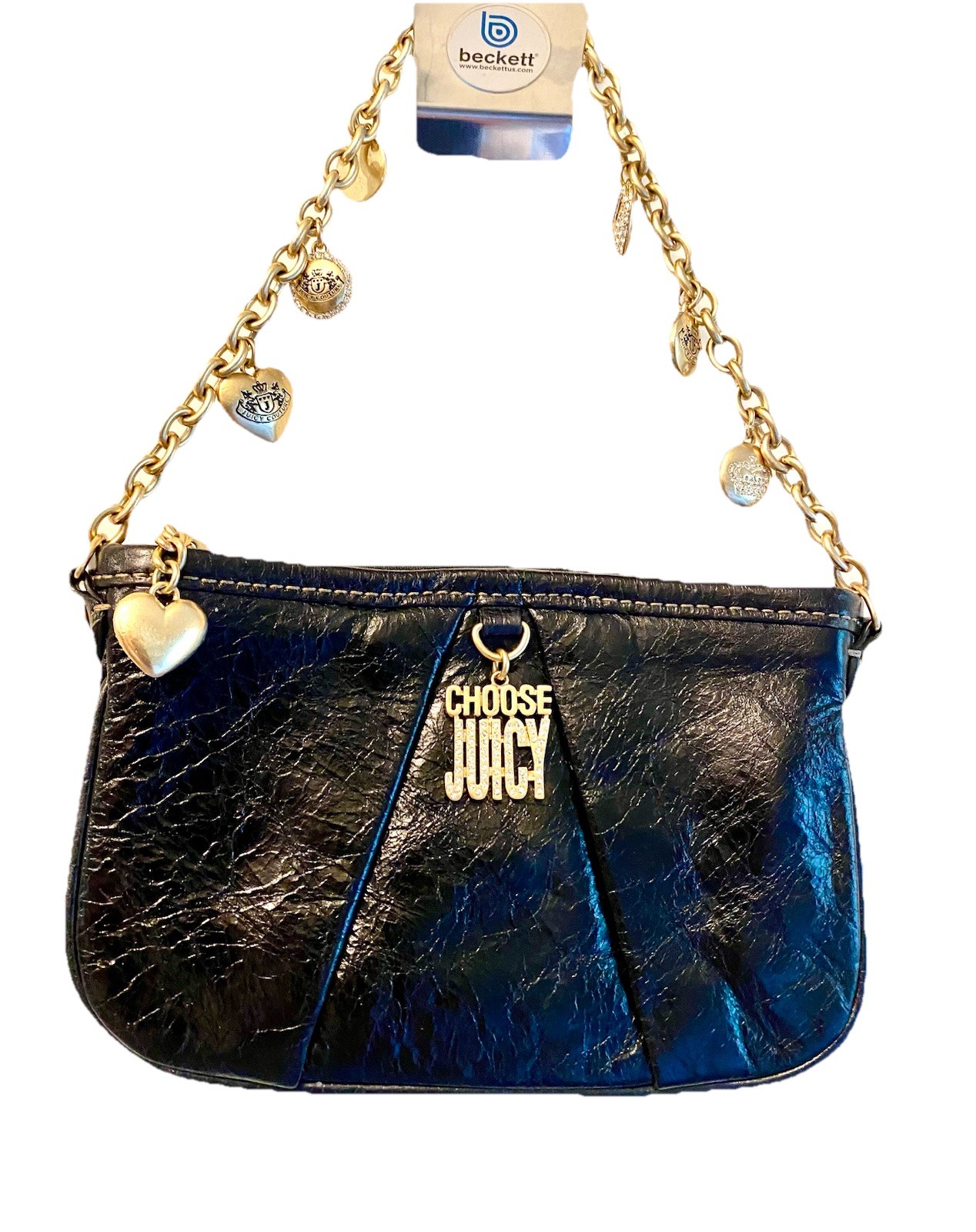 Vintage Choose Juicy Black Hand Bag Gold Charms & CZS On Chain Juicy Couture