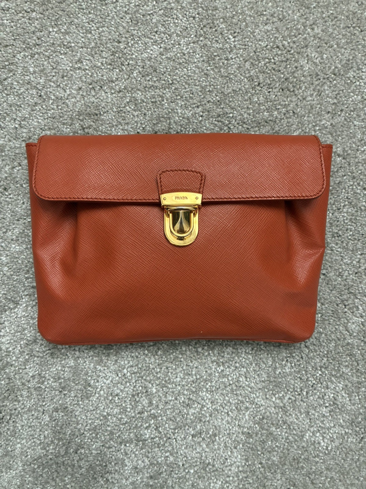 Vintage PRADA Saffiano Leather Push Lock Clutch Bag Orange