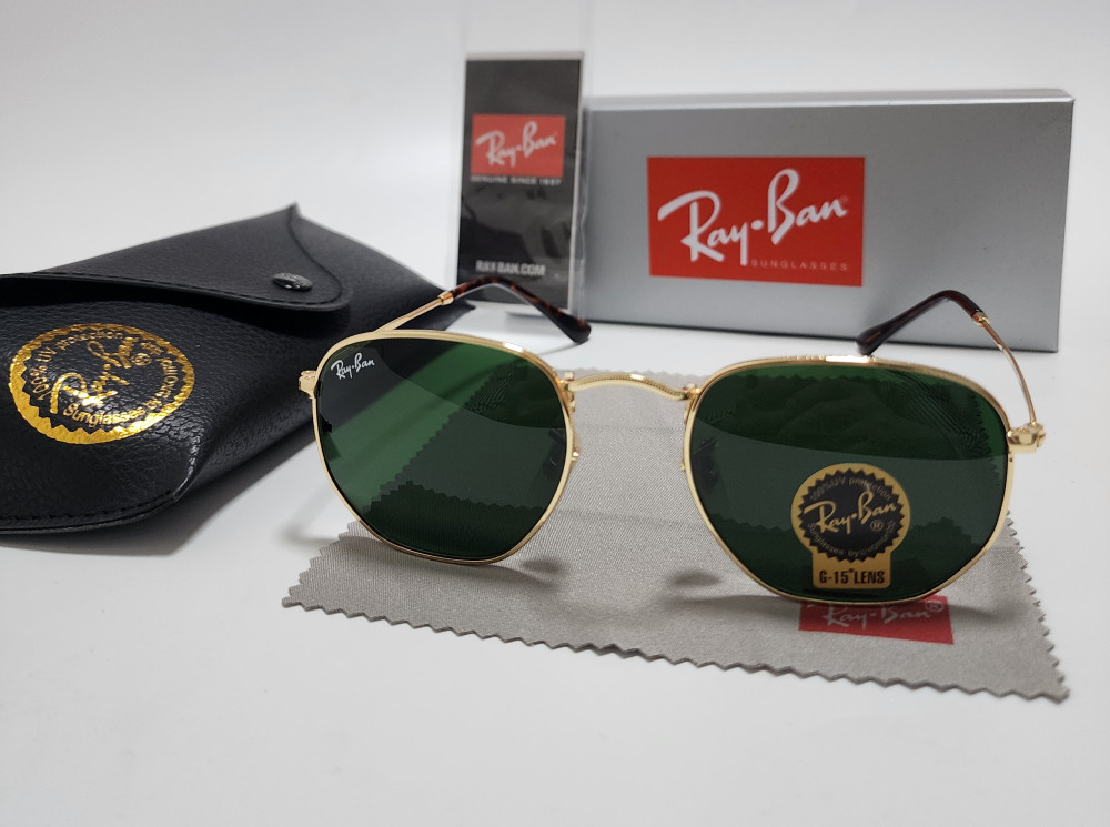 Ray-Ban RB3548N Hexagonal Sunglasses Gold Frame Glass Green Lens 51 mm