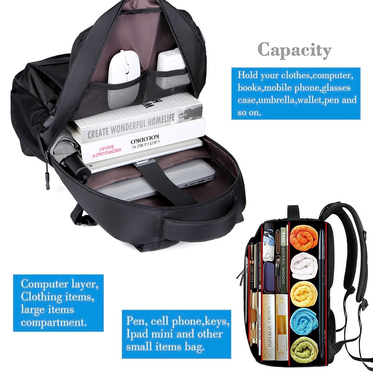 Black Laptop Backpack High-capacity Travel Bag Fashion School Business Outdoor