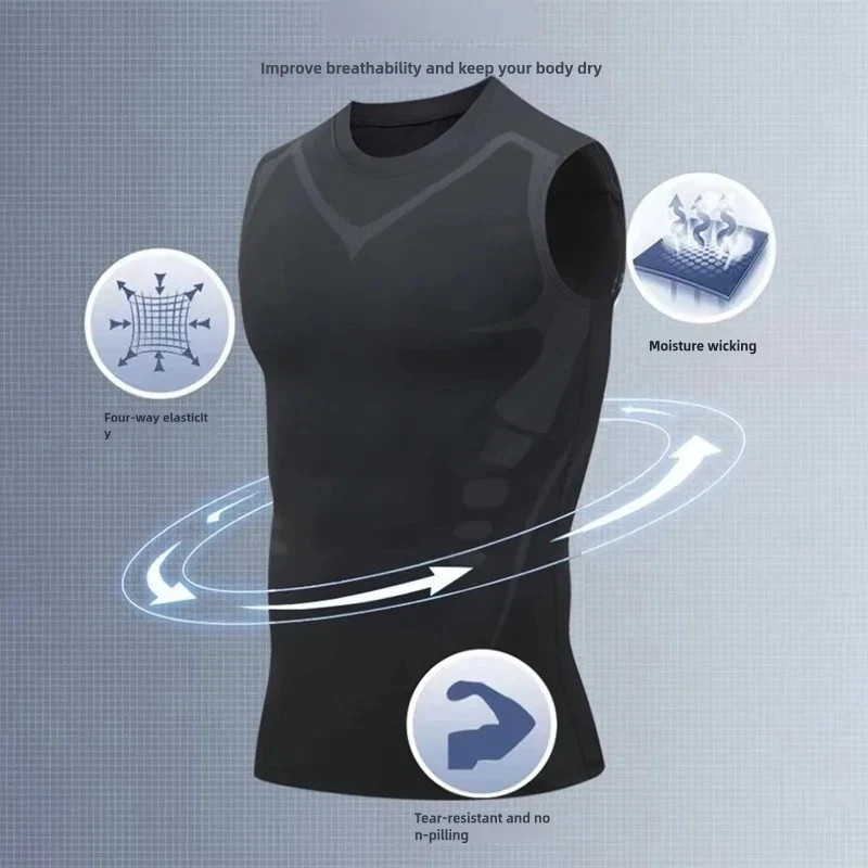 Men Compression Shirt Version Ionic Shaping Sleeveless Vest Sport Tank Top S-2XL