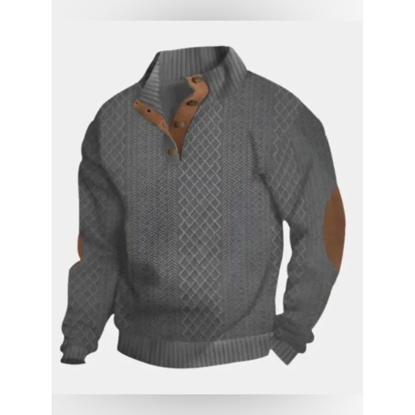 NWT Men’s Gray Quarter Button Pullover Sweater L Textured Knit Elbow Patch
