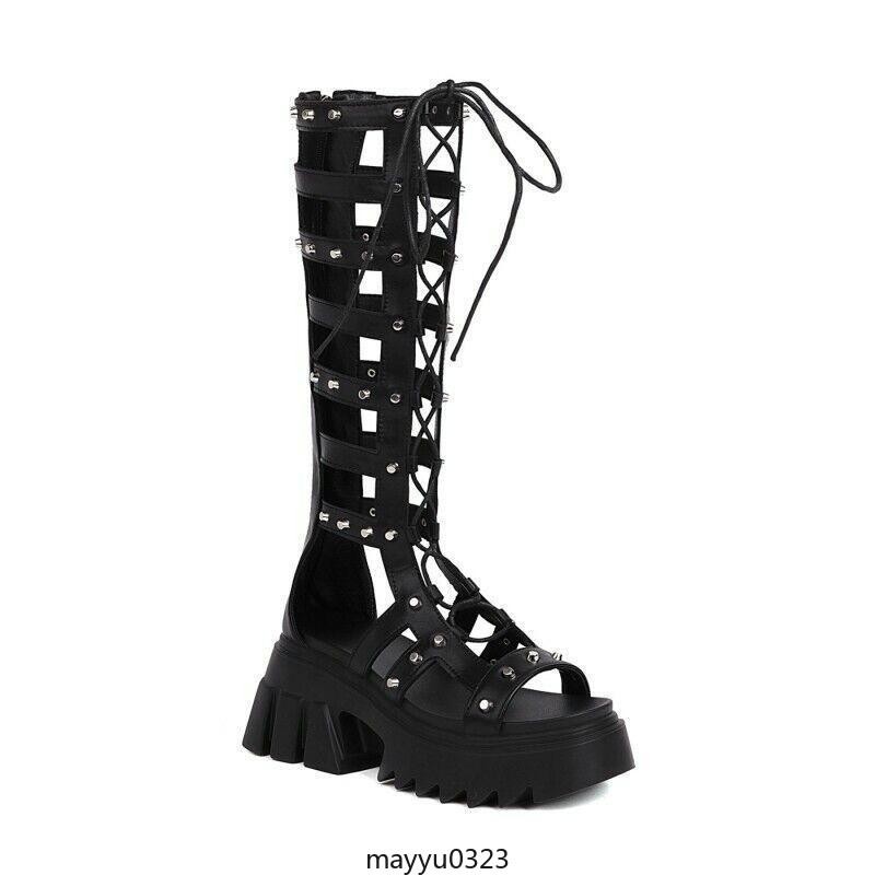 Womens Gothic Casual Mid Block Heel Gladiator Lace Up Platform Sandals Shoes Hot