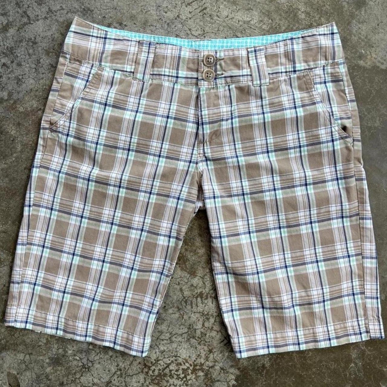 Roxy Y2K Plaid Bermuda Shorts Women Size 11 Brown Mint Green Long Skater Surf