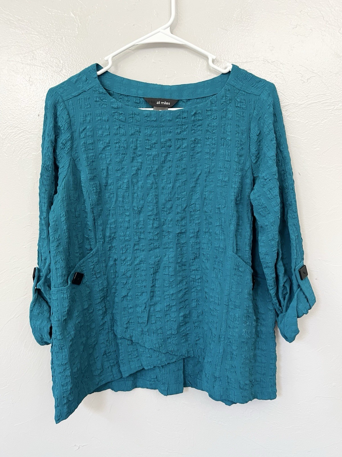 Ali Miles Teal Green Crinkle Tunic Blouse – Size Small SP Artsy Lagenlook Shirt