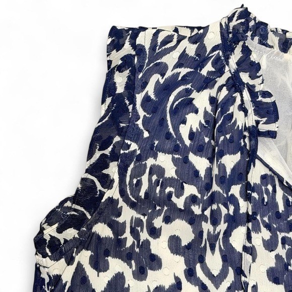 Navy Blue White Damask Ikat Clip Dot Sleeveless Blouse Ruffle V-Neck Top