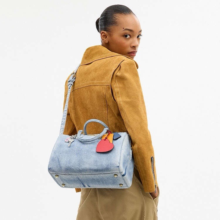 Coach CDY75 Rowan Large Satchel Bag In Loved Denim With Charms Light Indigo NWT