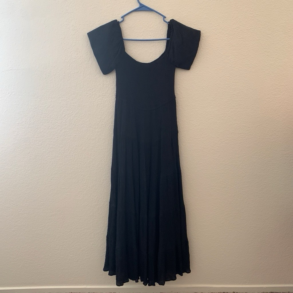 Black Smocked Maxi Dress Milkmaid Short Puff Sleeve Boho Tiered Long S