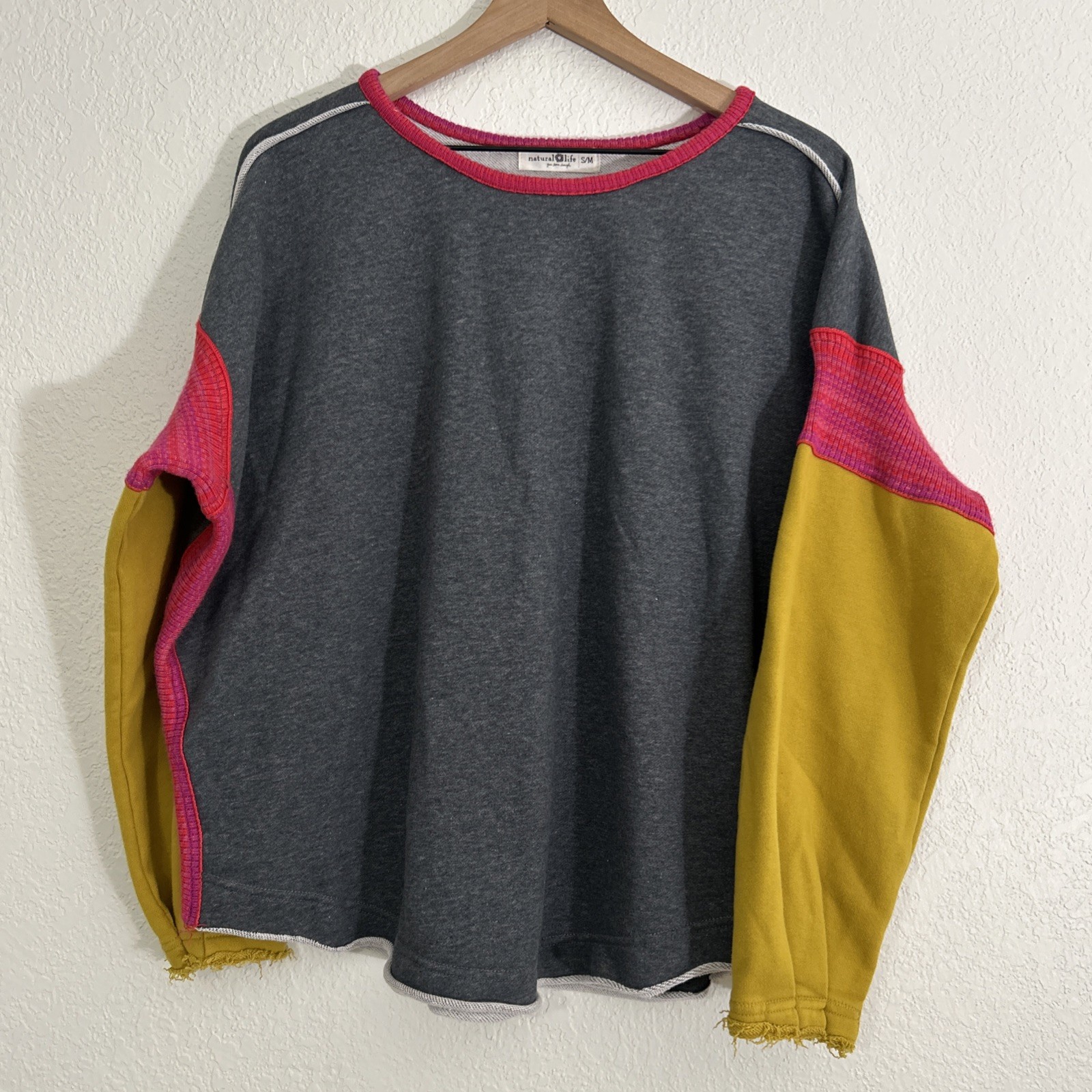 Natural Life Knit Trim Sweatshirt Colorblock Oversized Fit Colorful Boho Sz S M