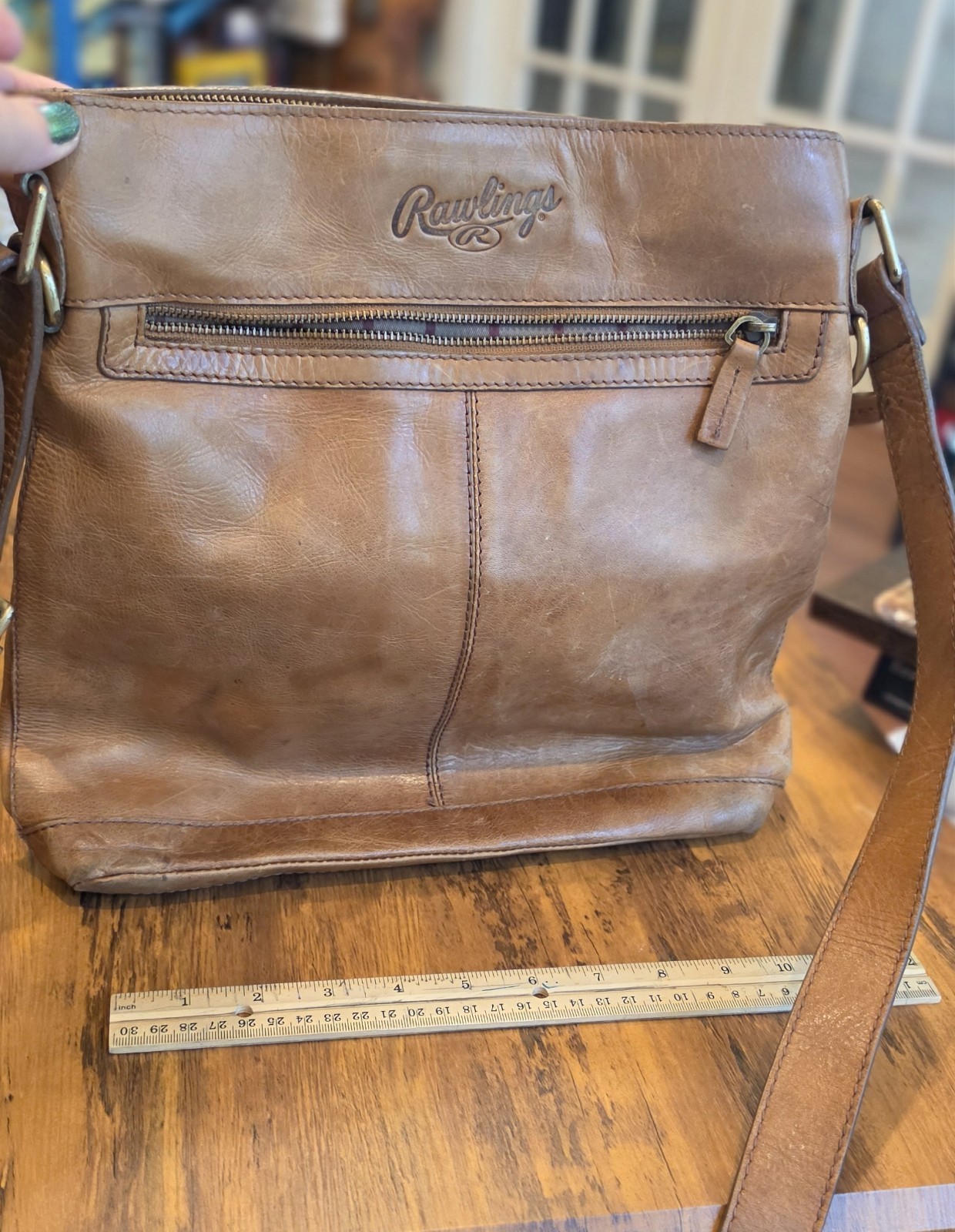 Rawlings Brown Distressed Crossbody Bag Zip Adjustable Strap Pockets Lined