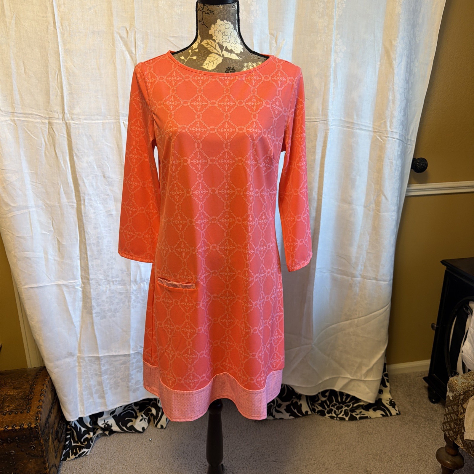 CABANA LIFE Coastal Cottage Stretch Shift Dress 50+ UPF Salmon pink beach LG EUC