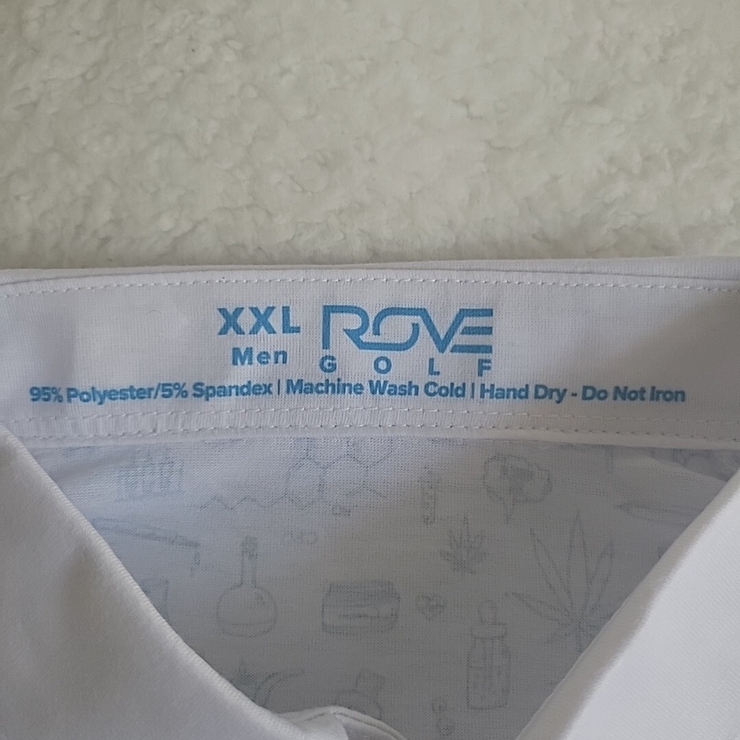 ROVE GOLF Men’s XXL White w/ Cannabis Theme Beaker Pipe Molecules Polo Shirt