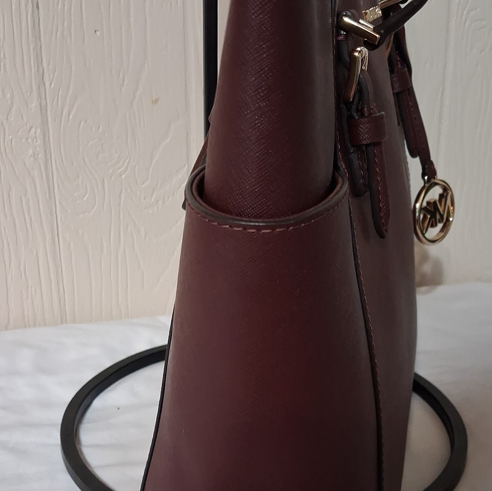 Michael Kors Burgundy Charlotte Large Tote Bag Zip Top Gold Hardware Charm