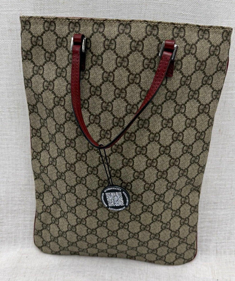 Gucci GG Supreme Medium Tote Beige Brown Red Double Leather Handles COA