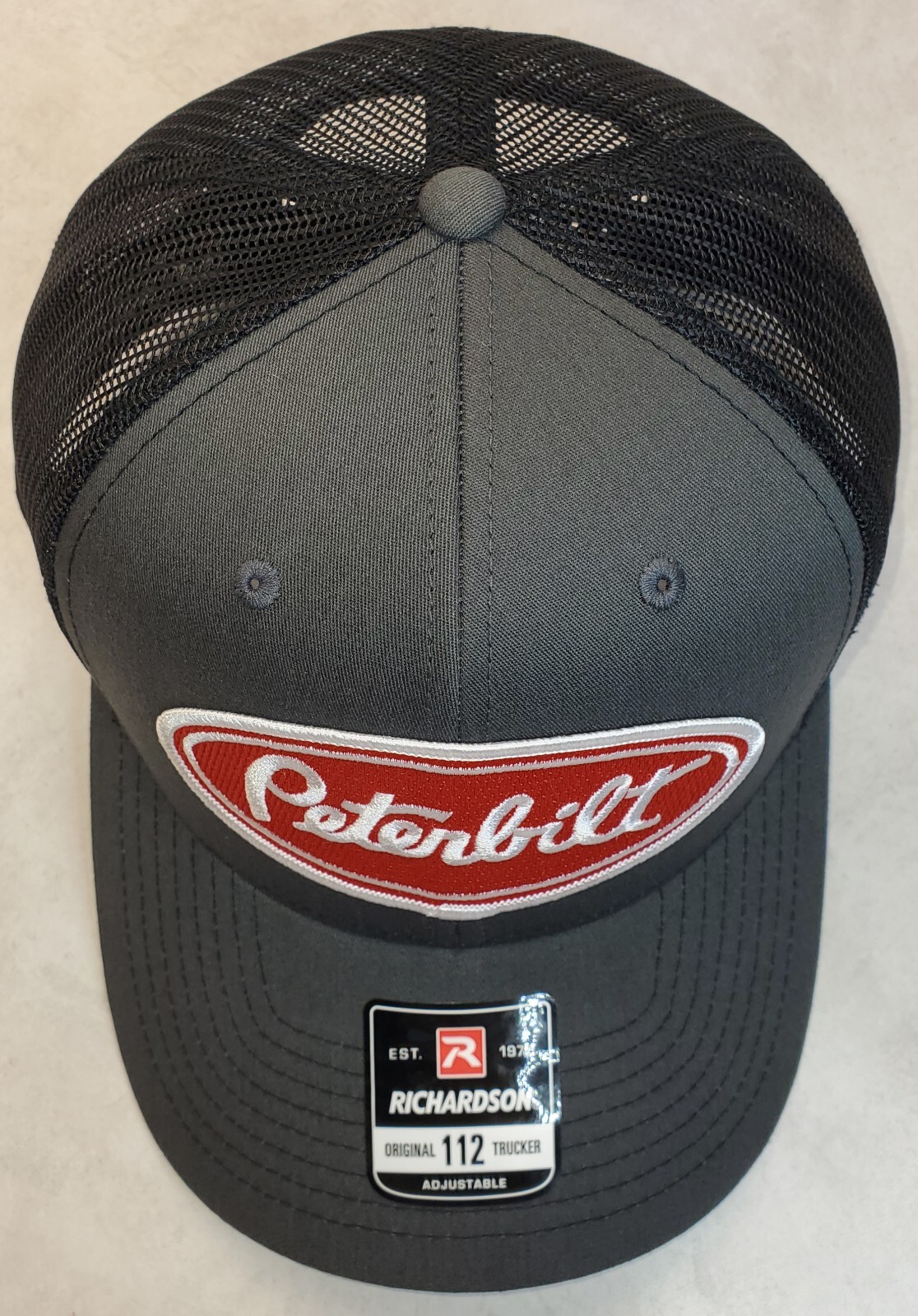 Peterbilt Red Patch on Richardson 112 Trucker Hat Snapback Charcoal/Black