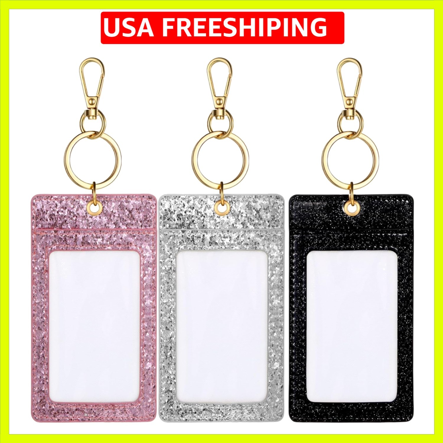 3 Pcs Multicolor Glitter ID Badge Holder with Clear Window Sparkling Badge Ho…