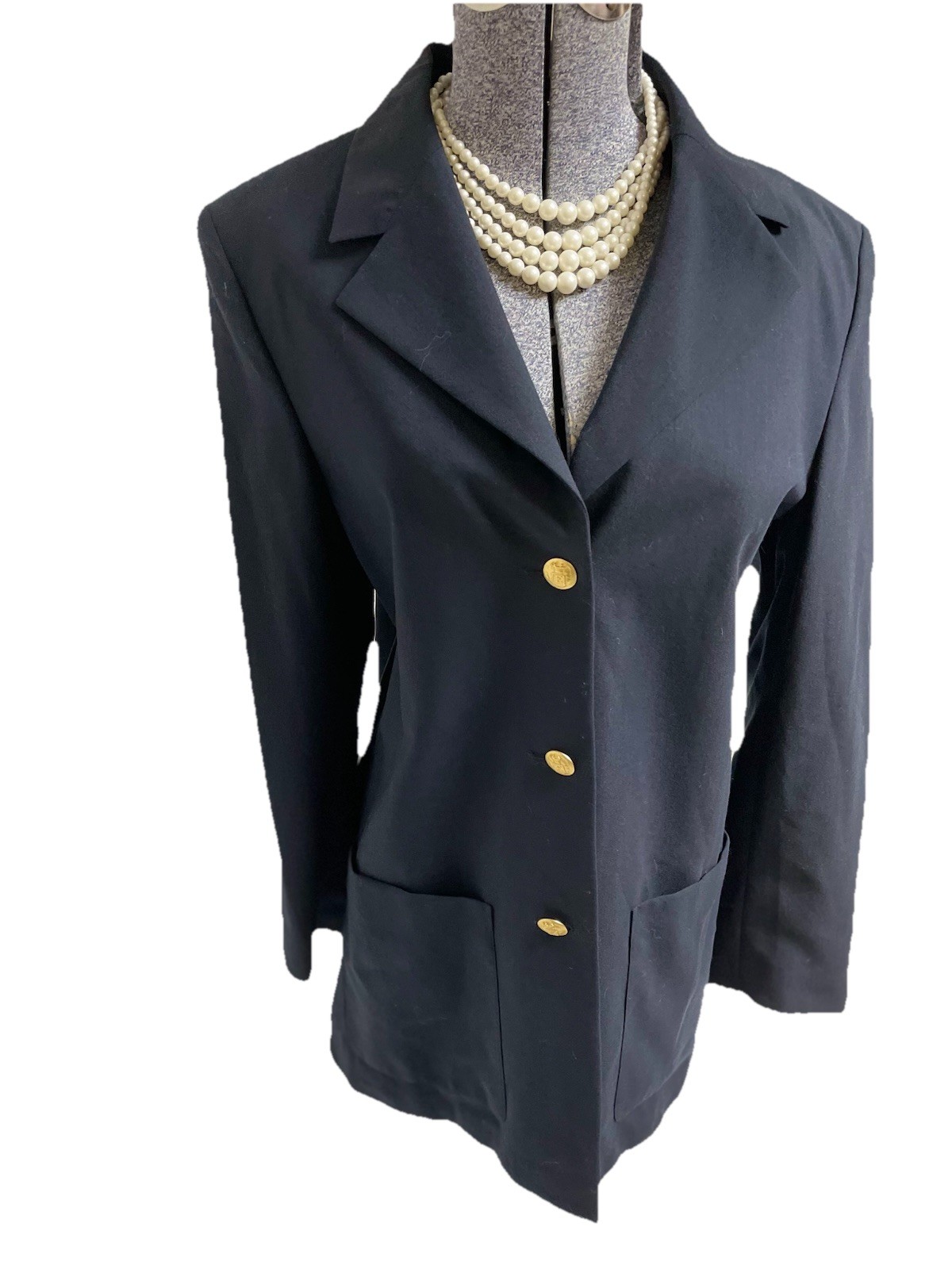 Escada Blazer 38 Fits 12 Italian Made Lightweight Wool Navy Gold Buttons Jacket