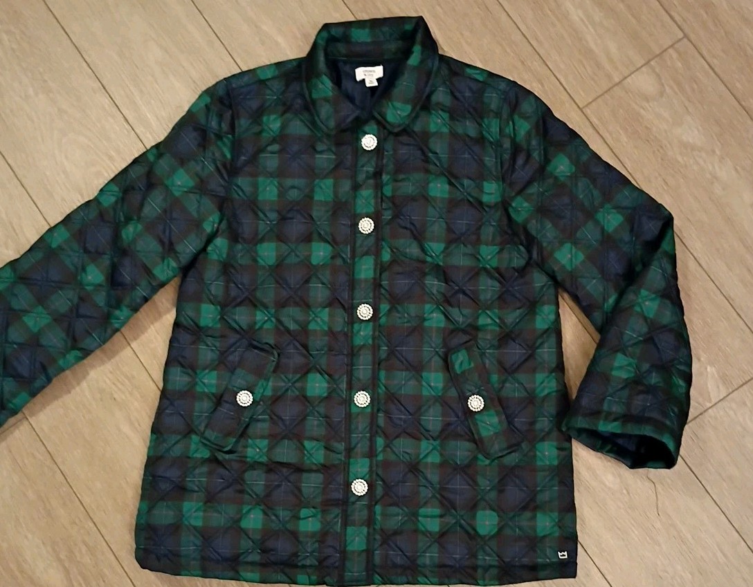 Crown & Ivy Navy Green Plaid Quilted Jacket Bling Rhinestone Button Snaps Sz M