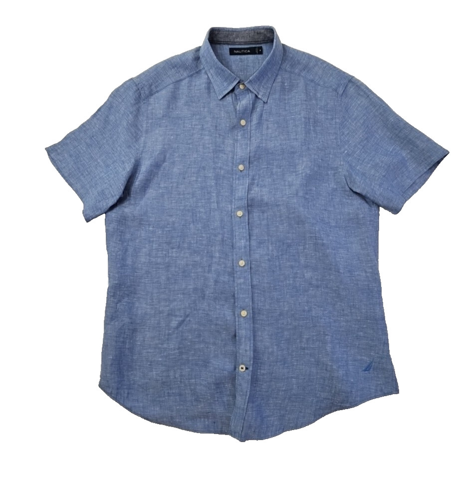 Nautica Linen Blend Short Sleeve Shirt Men’s M Blue Button Up EUC LN Resortwear