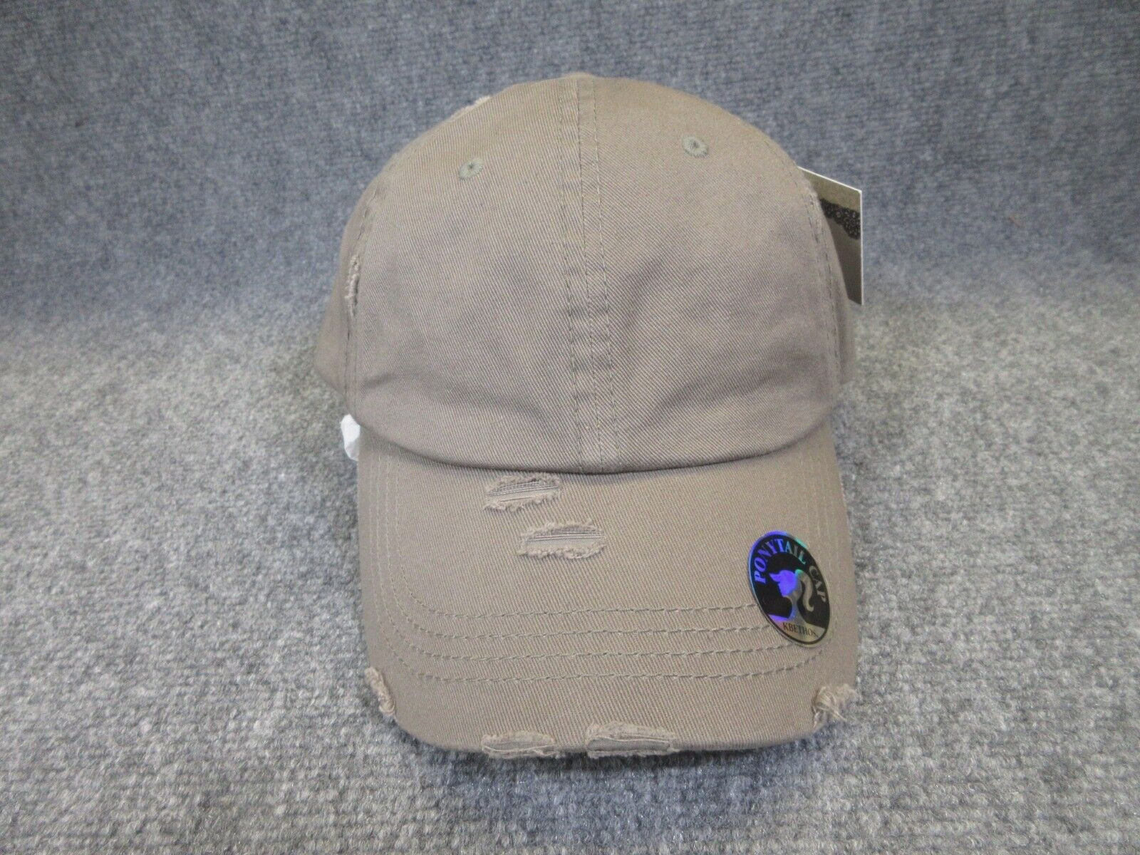 Kbethos Ponytail Hat Cap Hook And Loop Strap Back Gray Distressed Womens NEW NWT