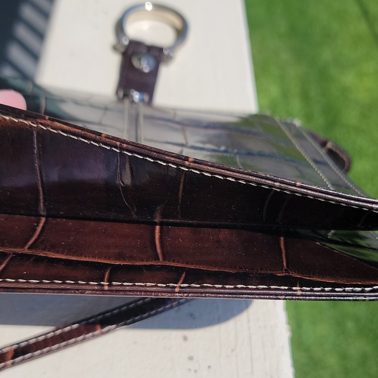 Brighton Brown Croc Embossed Ring Crossbody Bag Detachable Strap Silver