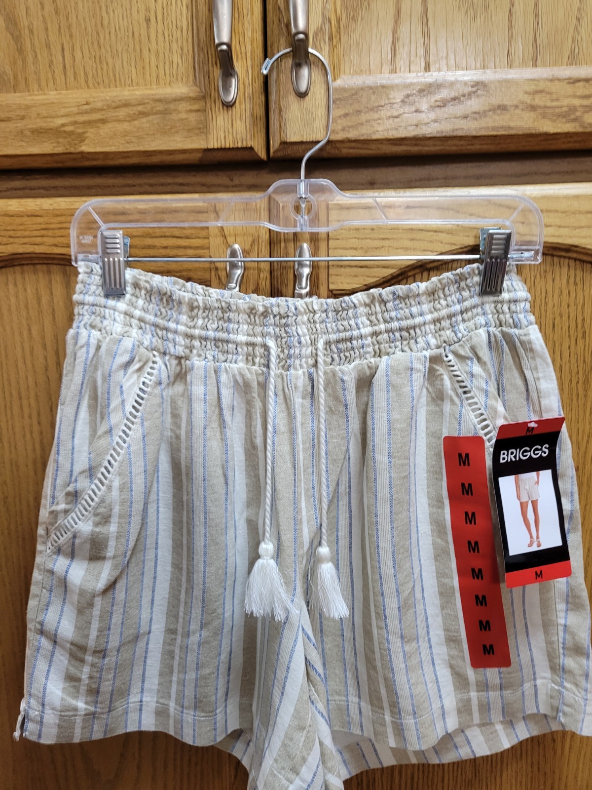 NWT Elastic Waist Striped Linen Blend Shorts By BRIGGS sz Md. Inseam 5 Inches
