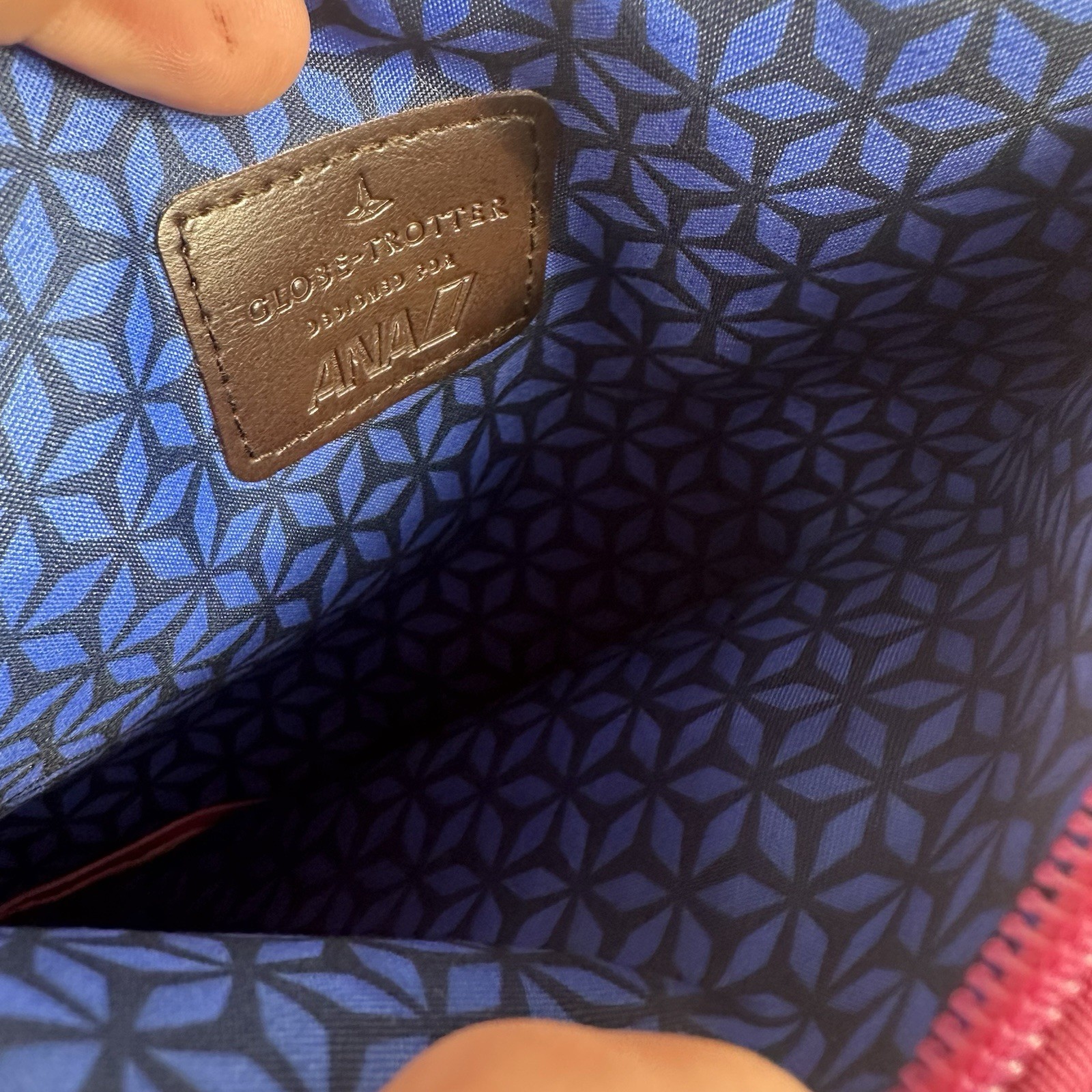 Globe-Trotter x ANA Pink Zip Wristlet Clutch, Black Strap, Geometric Lined