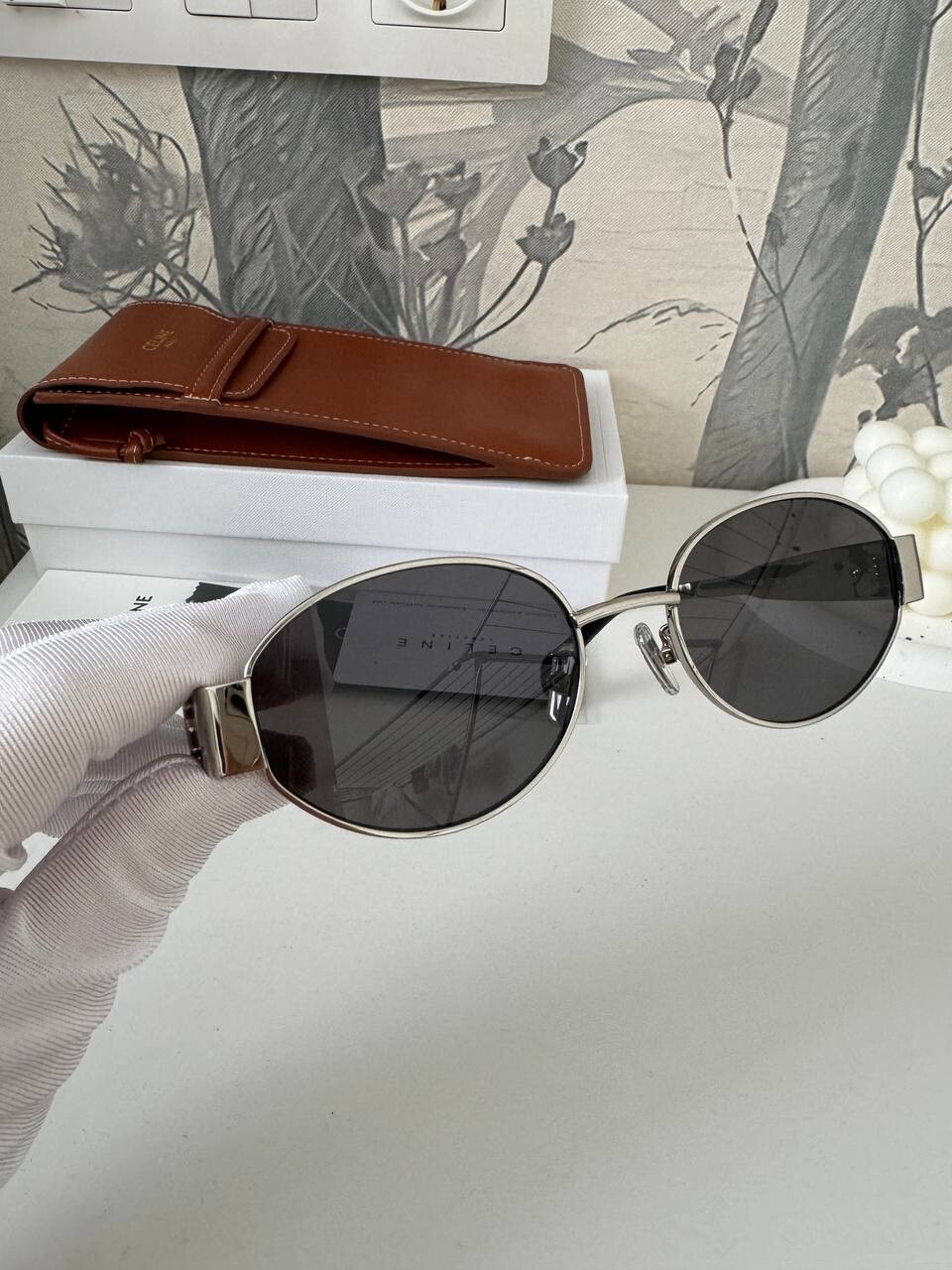 Celine Triomphe Metal Sunglasses, silver, oval