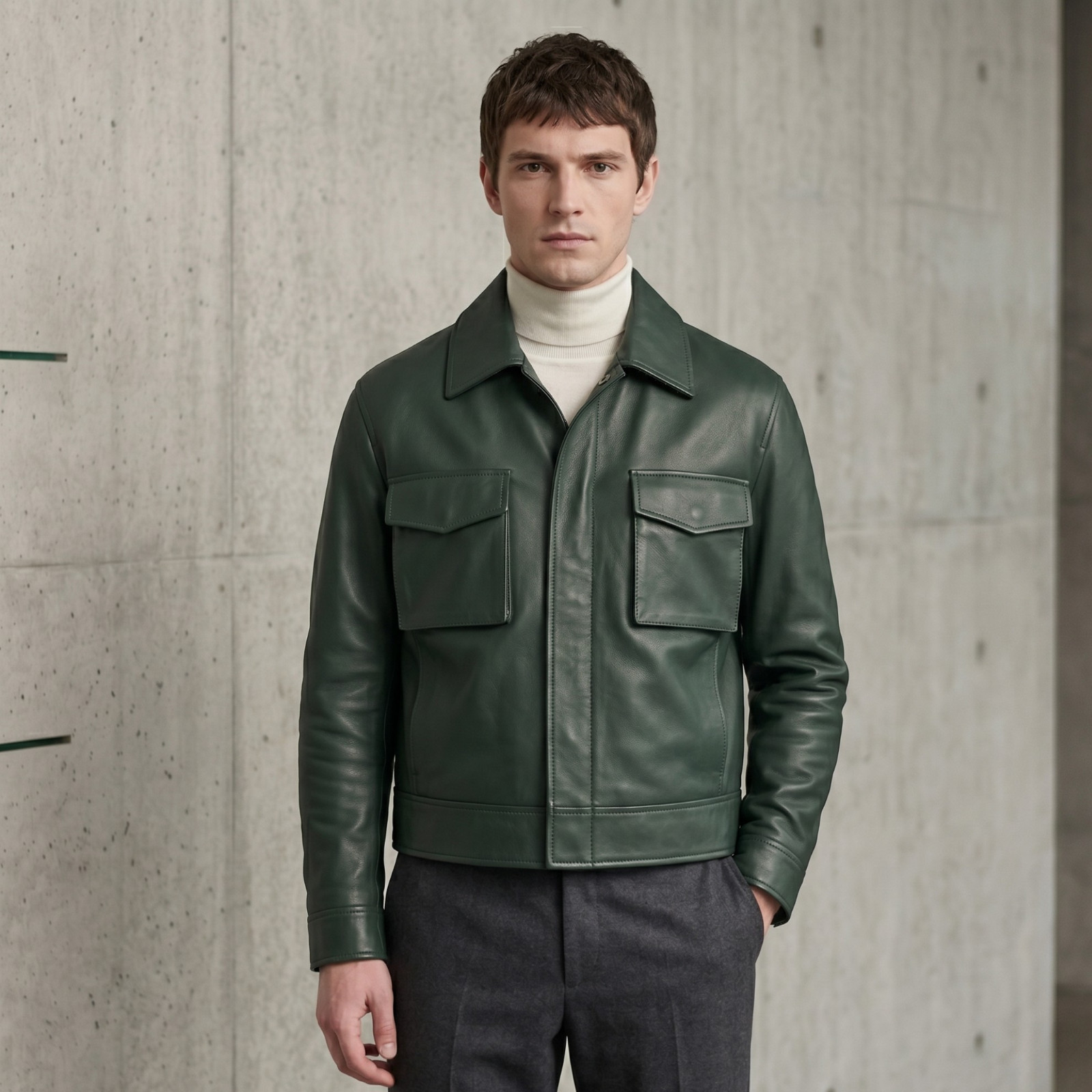 Men’s Olive Green Lambskin Leather Overshirt Jacket Handmade Luxury Coat