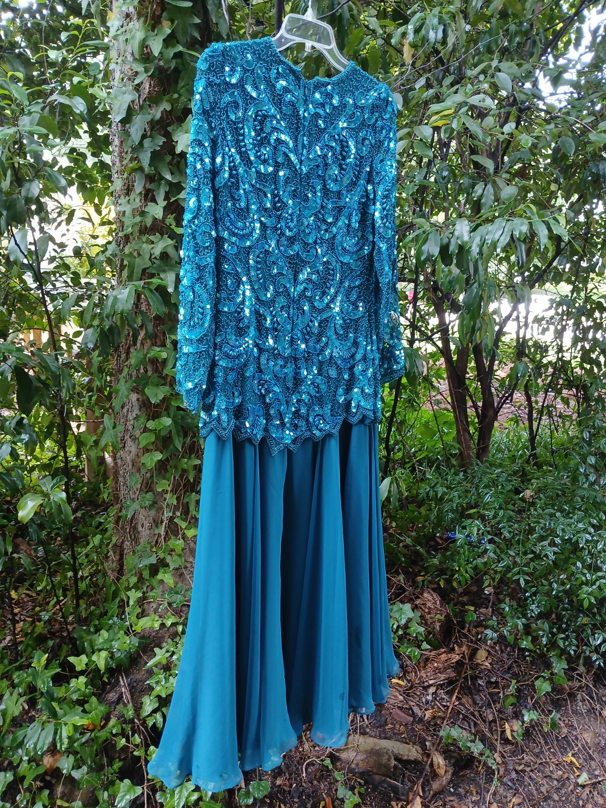 90s Blue Beaded Maxi Dress Ballgown Size Med Prom Vintage Med Turquoise Mermaid