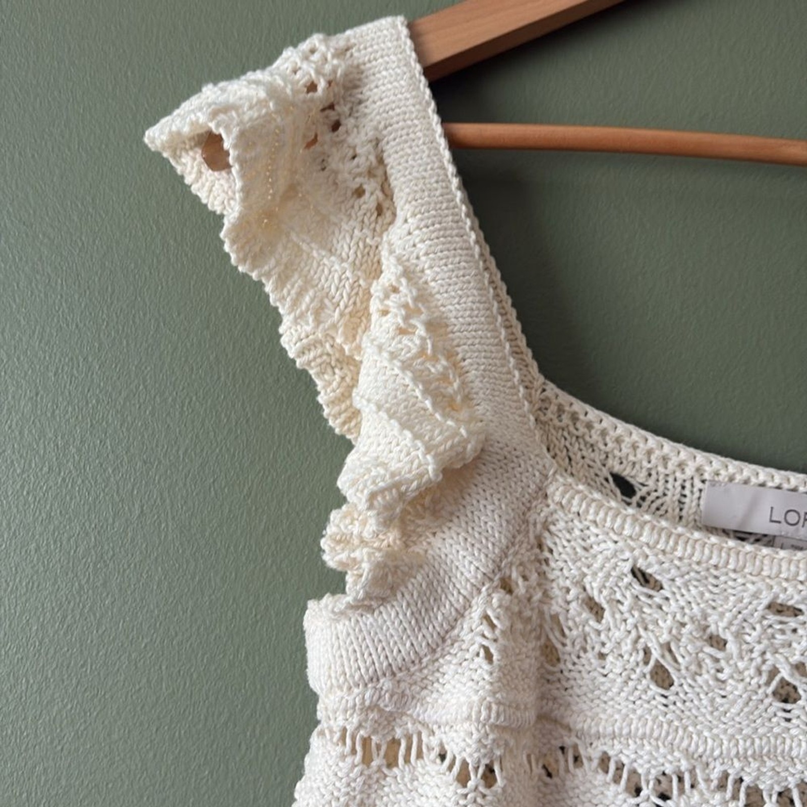 Loft Crochet Ruffle Sweater Tank Top Boho Ivory 100% Cotton Sz L