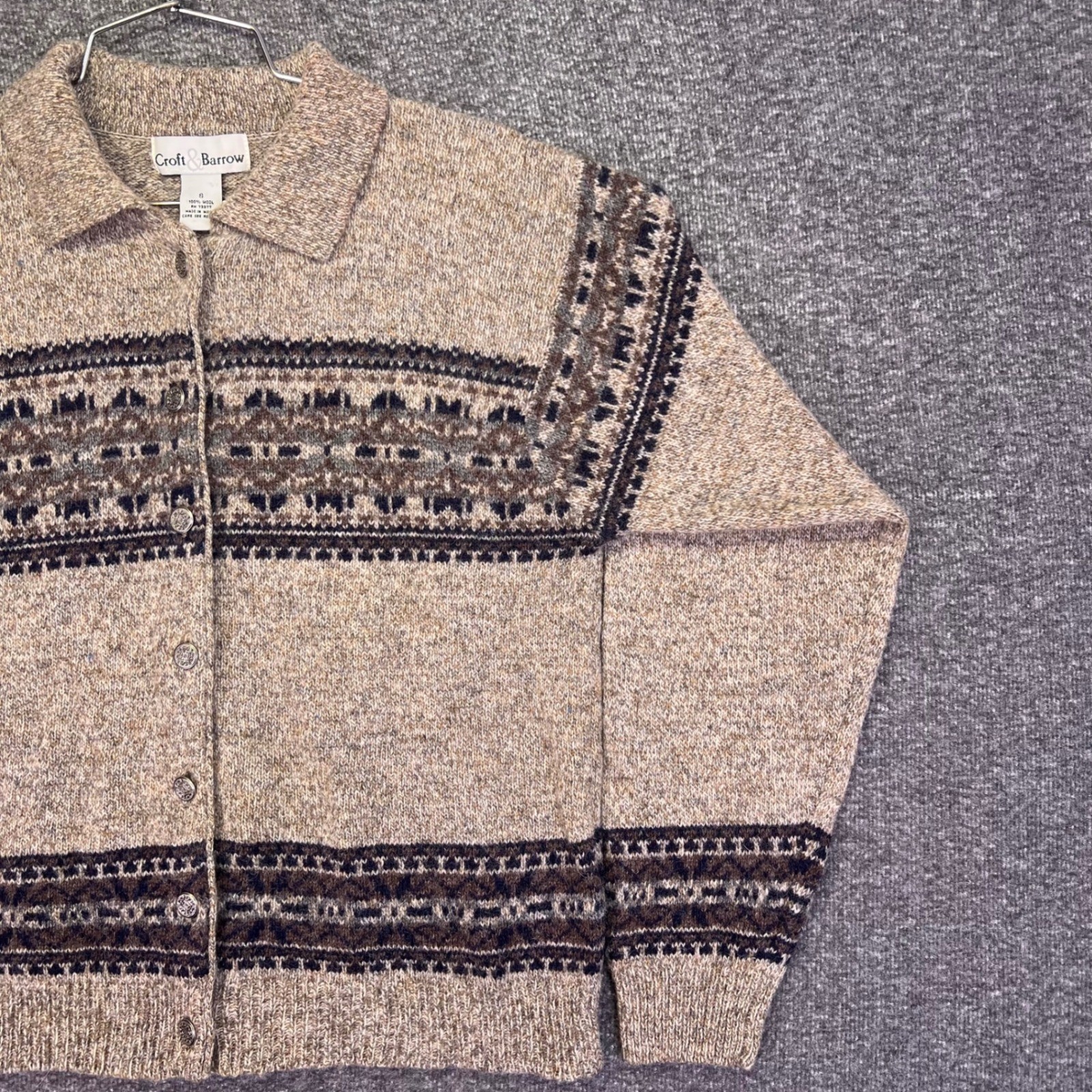 Croft & Barrow Wool Cardigan Womens Small Tan Fair Isle Button Casual Collared