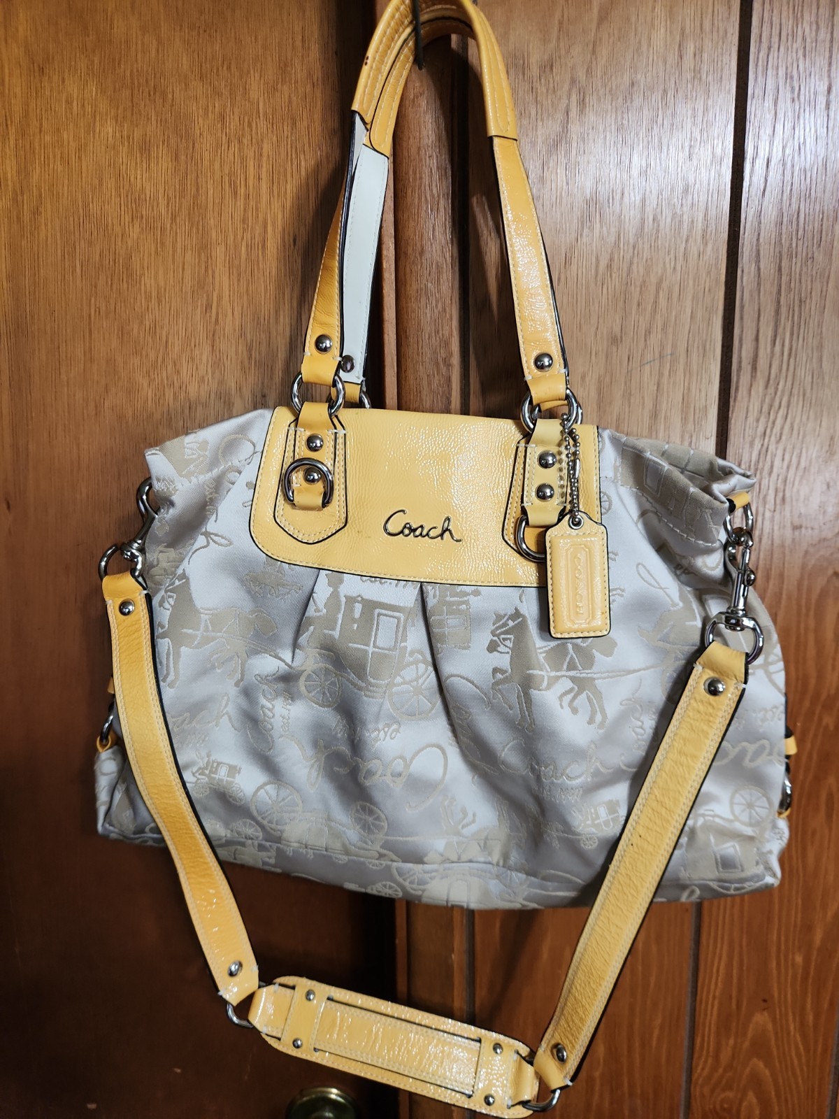 Coach Signature Horse Carriage Tote Bag Beige Yellow Leather Trim Large