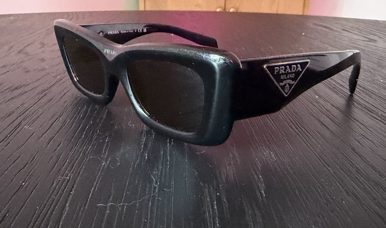 PRADA Milano Women’s Rectangle Sunglasses Black Plastic Frame Blck Tinted Lenses
