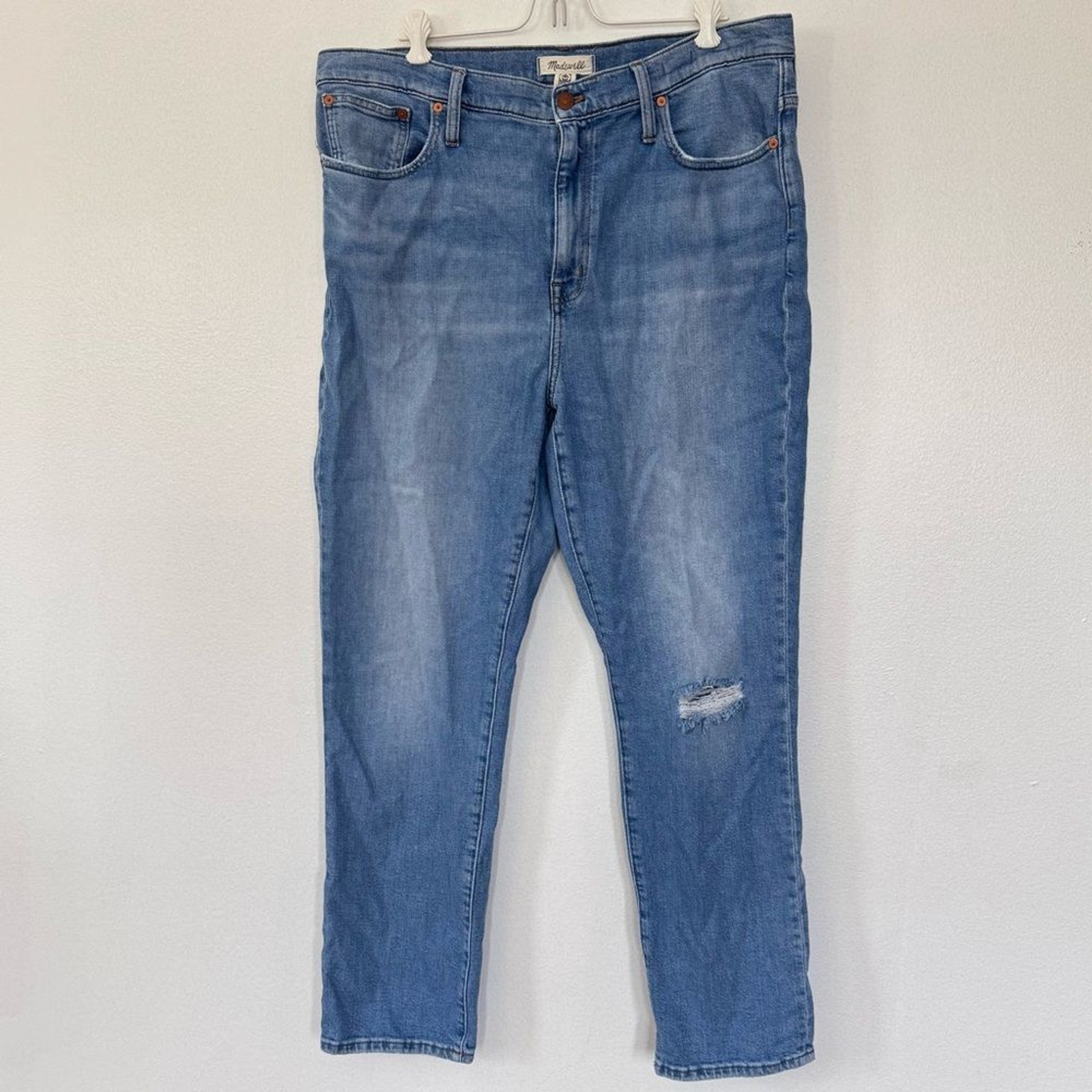 Madewell High Rise Slim Boyjean Blue Wash Distressed Jeans Sz 32