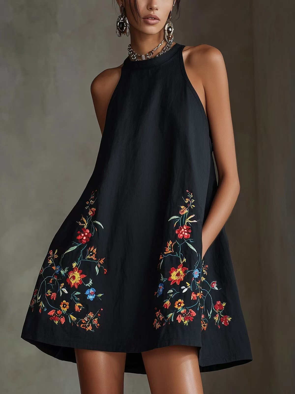 Women Boho Halter Neck Mini Dress Floral Embroidery Sleeveless A‑Line Short Dres