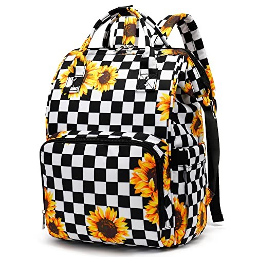 Laptop Backpack for Women, 15.6 inch College School Checkered Sunflower