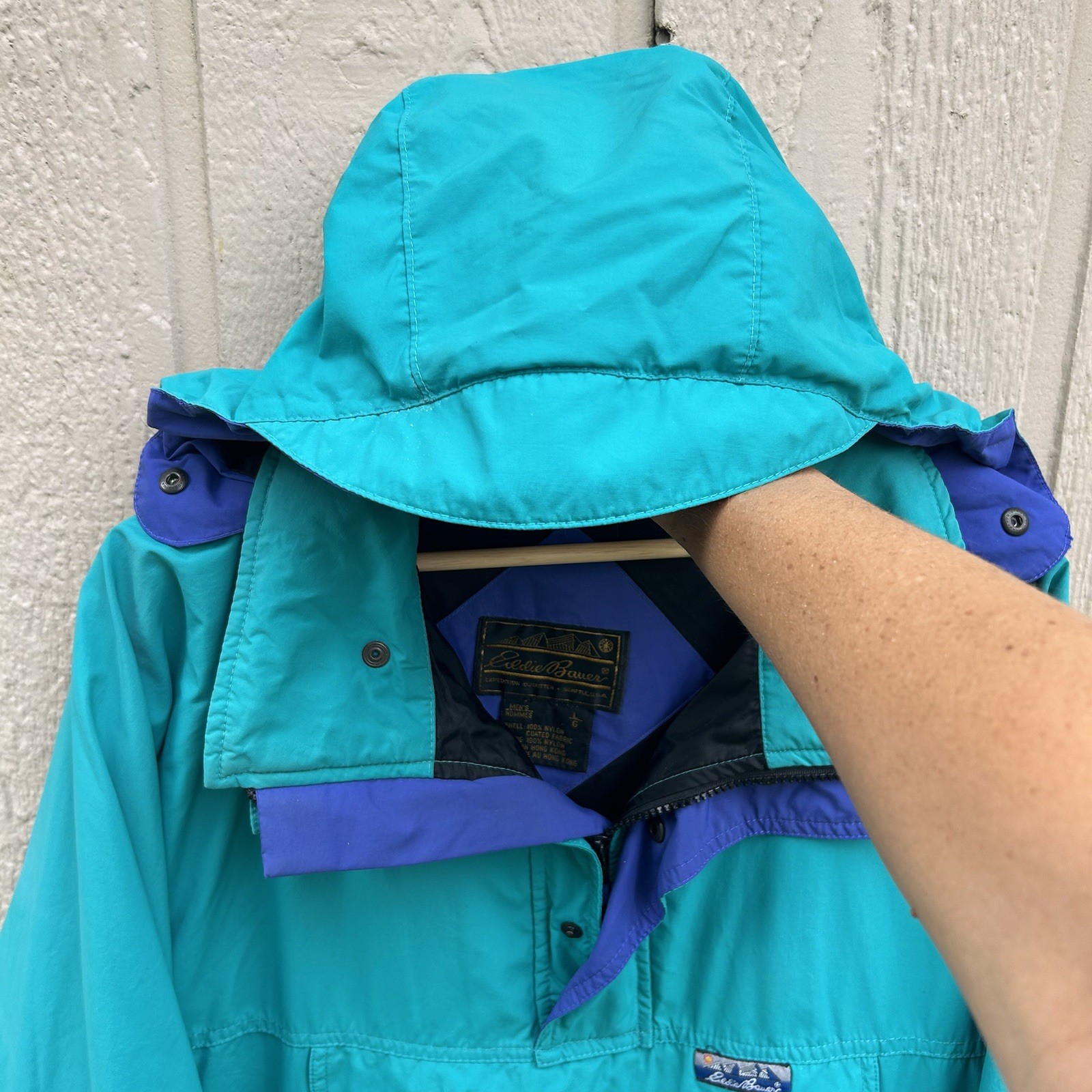 Vintage 90s Eddie Bauer Pullover Anorak Jacket Mens Large Teal Color Block
