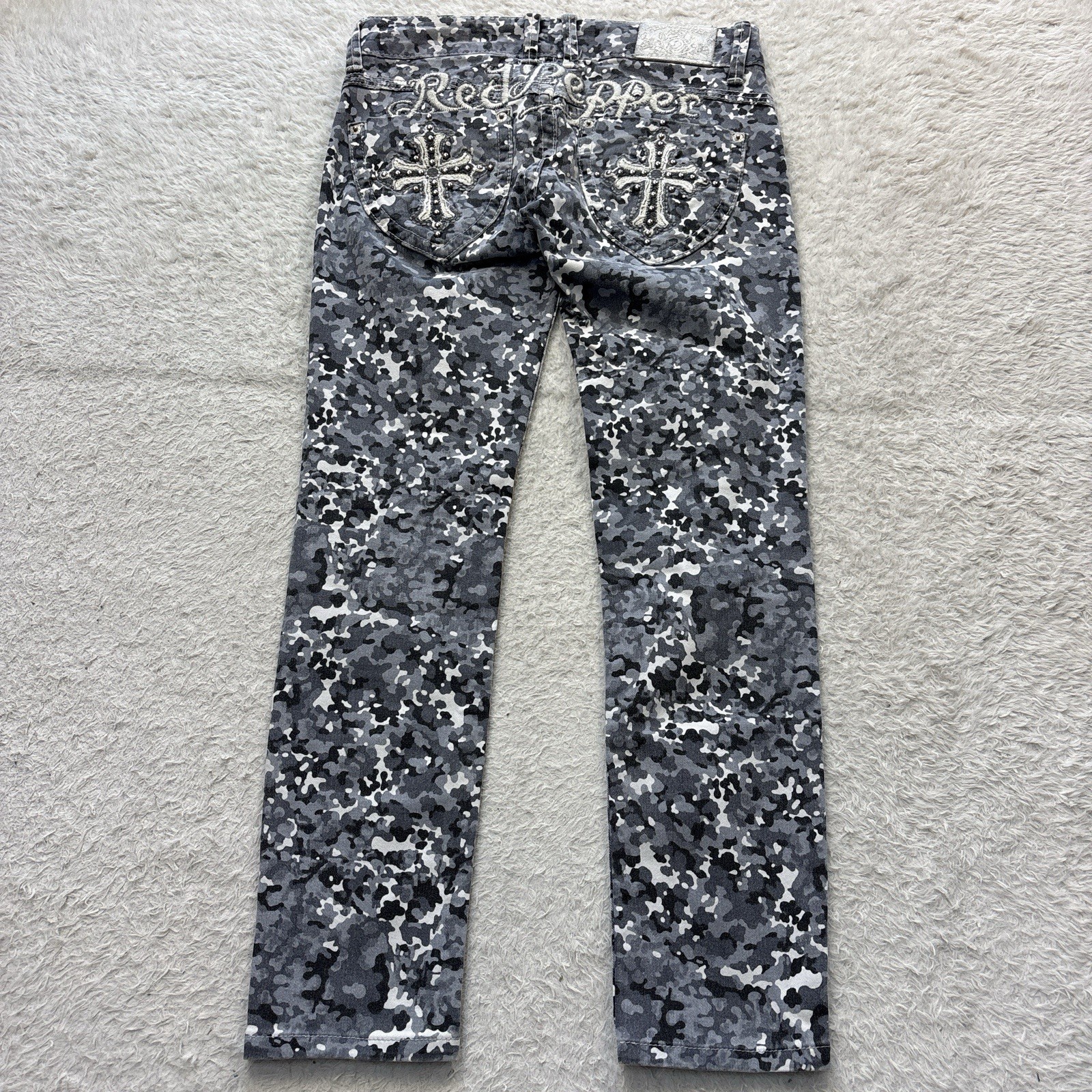 Y2K 00s RED PEPPER Red Pepper Camouflage Pattern Skinny Pants Cross Studs