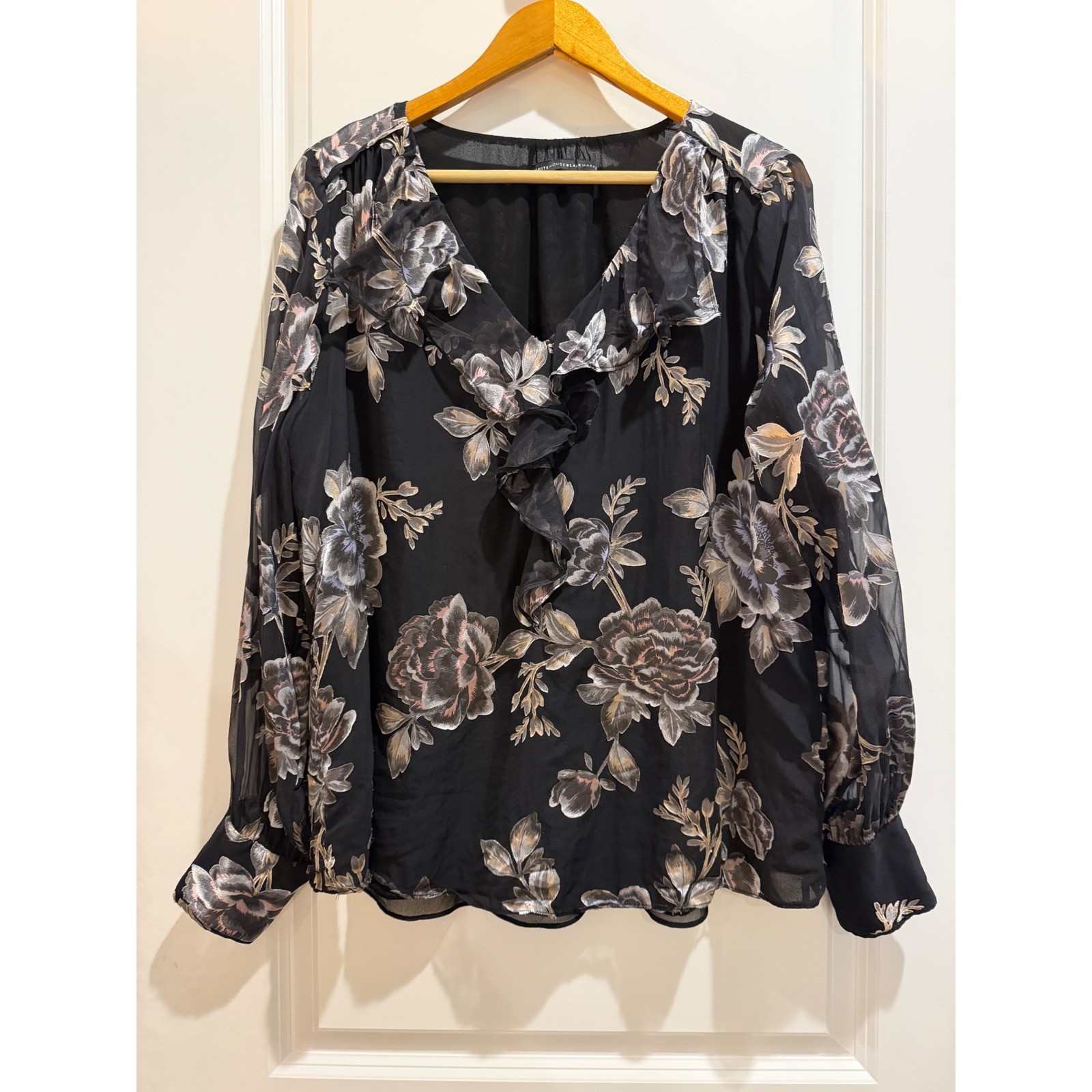 White House Black Market Silk Blend Floral Ruffle V-Neck Blouse Black XL