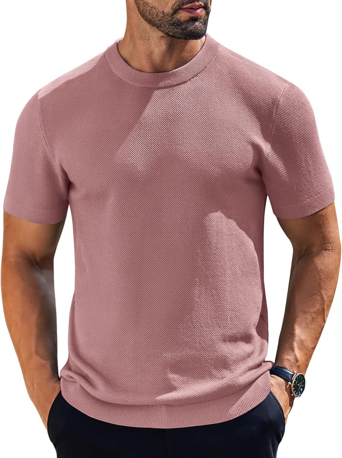 Coofandy T Shirt Casual Solid Mens Knit TShirts Short Sleeve Crewneck Textured
