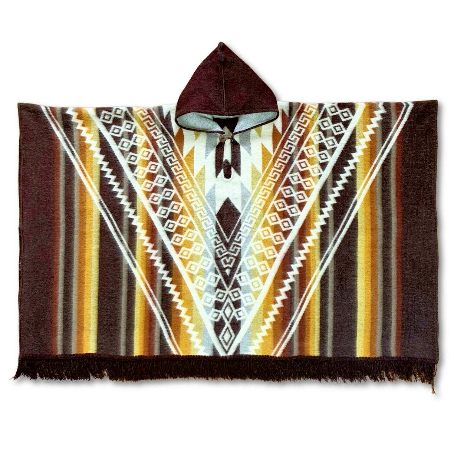 Alpaca wool Hooded Poncho Unisex Aztec pattern all seasons boho hippie XXL BROWN