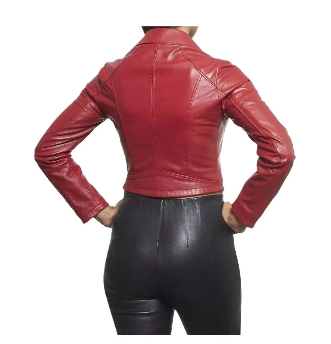 Womens Red Crop Jacket 100% Real Lambskin Leather Bolero Shrug Moto Biker Jacket