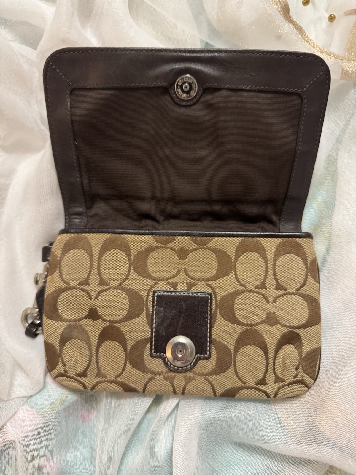 COACH Purse Wristlet Clutch Deep Brown Canvas CC Monogram Small New