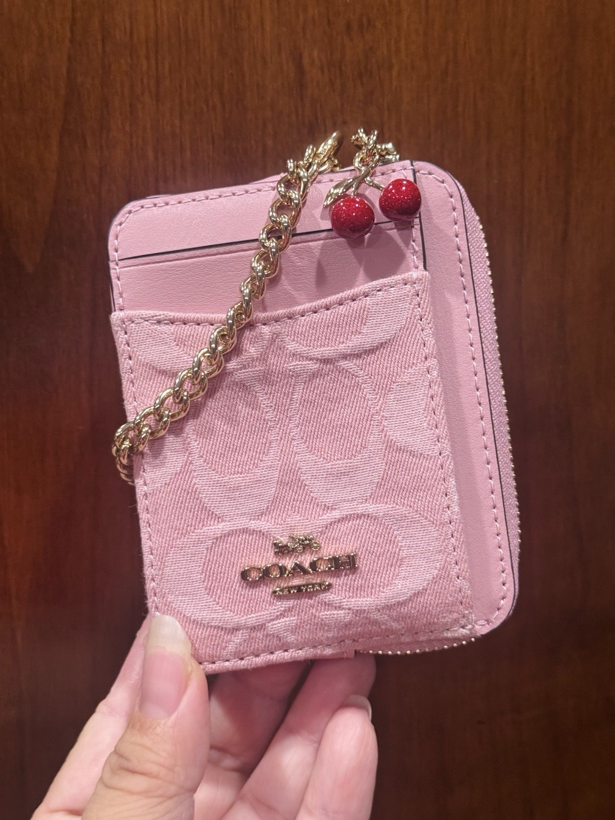 Coach Zip Card Case In Signature Denim With Charm/Gold/Light Pink CFA35 NWT