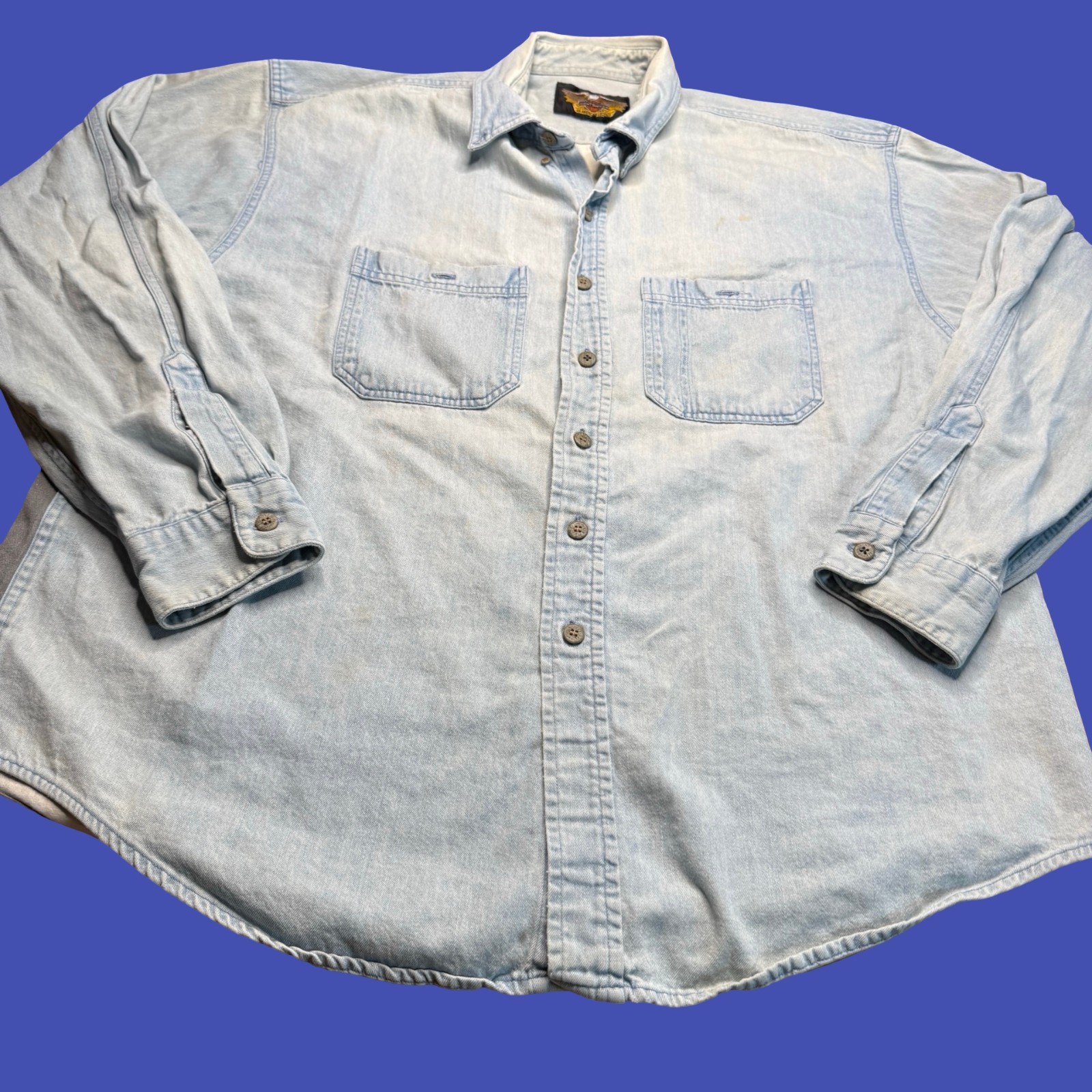 Harley-Davidson Denim Shirt Blue Motorcycle Biker Graphic Button Down Distressed