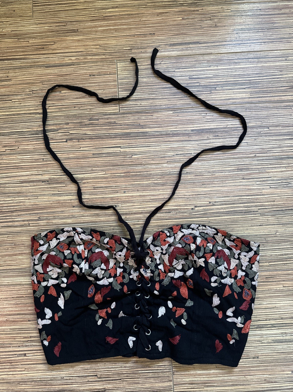 Free People Xs Black Embroidered Lace Up Tube Top Women’s