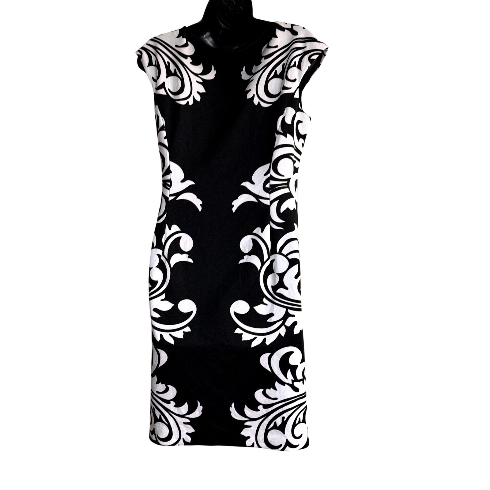 Maggy London Womens Black White Damask Sheath Dress Cap Sleeve Size 8 RN 58142