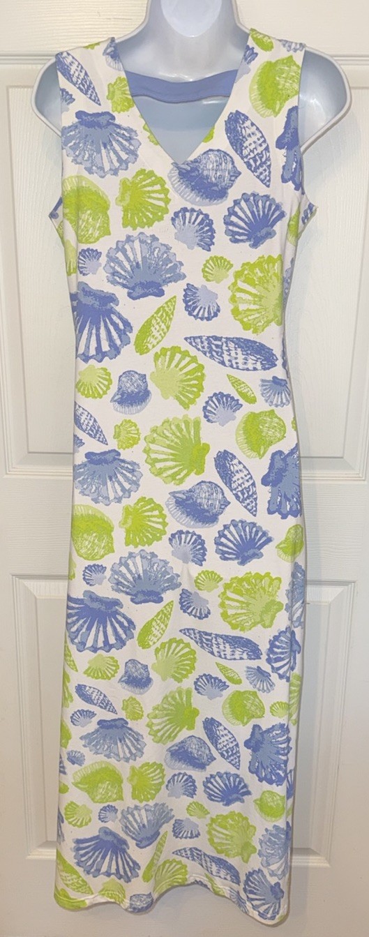 Ana Clare Sz Small Emilee Seashell Print Sleeveless Cotton Maxi Shift Dress EUC