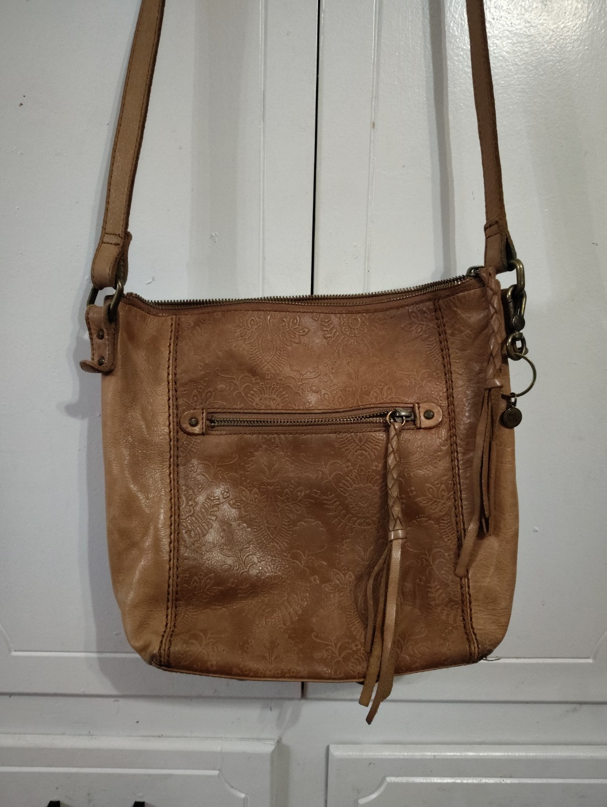 The Sak Ashland Embossed Leather Crossbody Bag Tobacco Floral Emboss